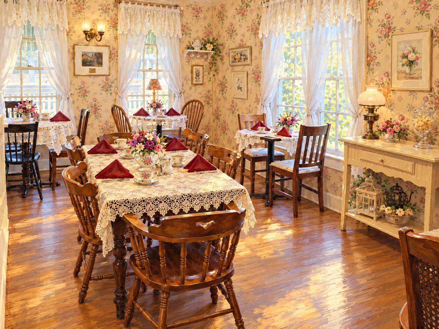 The painted Rose Room with lace-covered tables, floral china and warm window light.