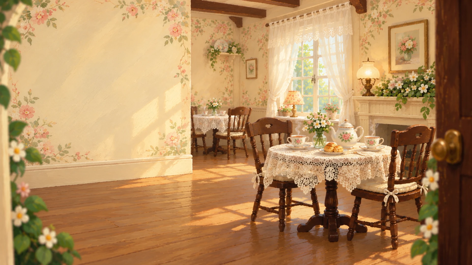 A hand-painted tearoom with floral china, lace-covered tables and warm window light.