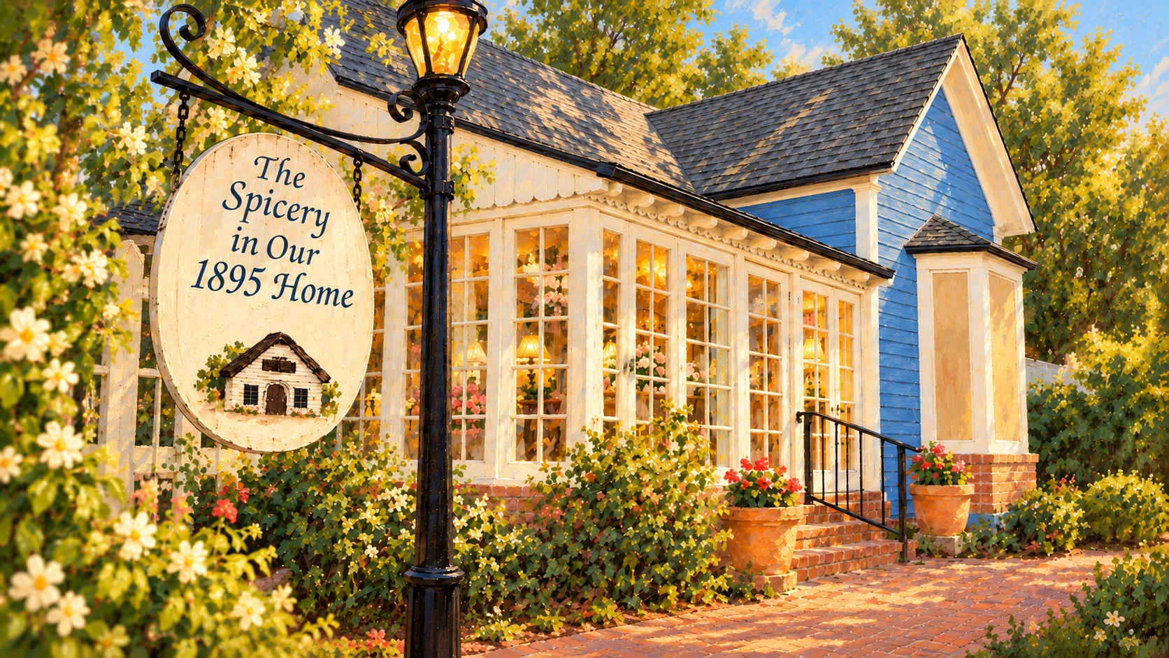 The blue and cream Spicery house, its garden and cottage sign, in a painted illustration.