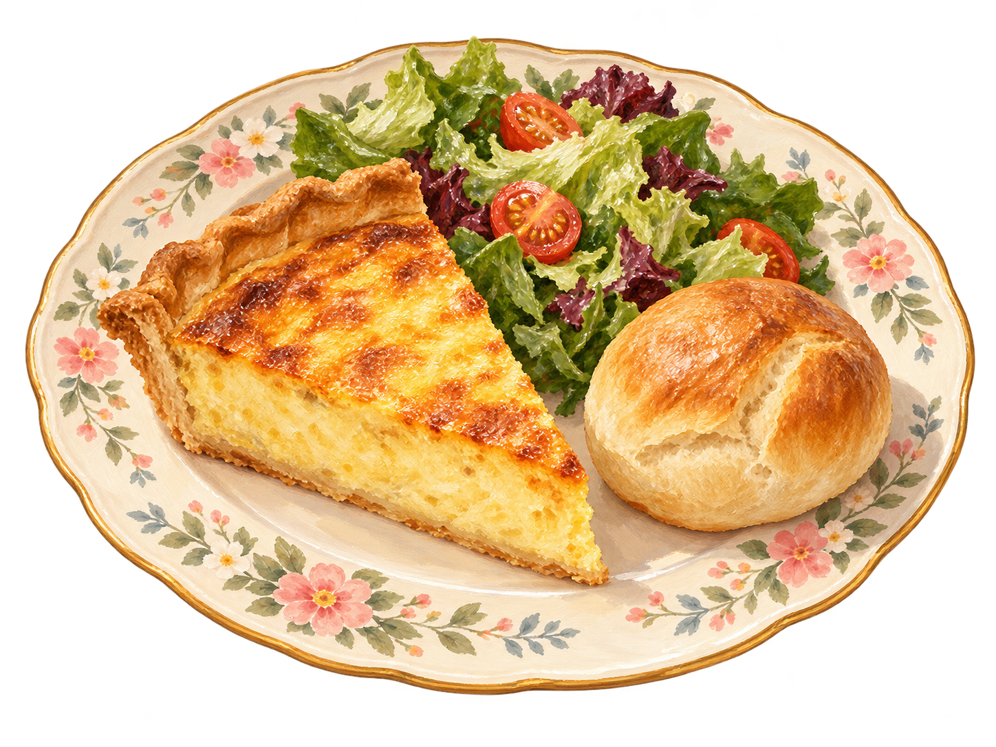 Painted quiche, salad and a roll on a floral china plate.