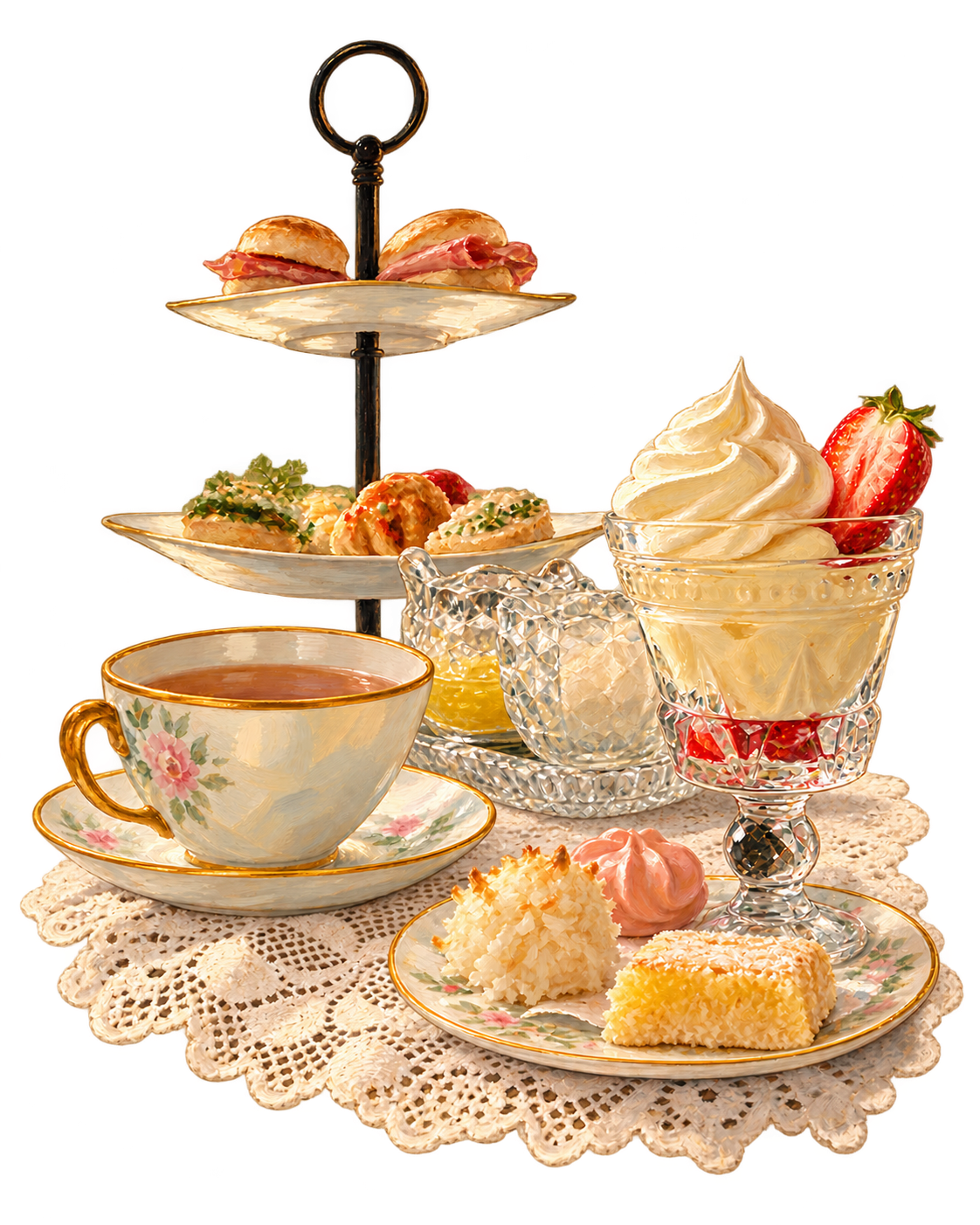 Painted afternoon tea with a tiered stand, floral china and petite sweets on lace.